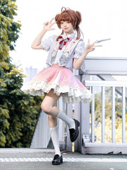 White Ruffled Lolita Blouse with Red Heart-Shaped Bow and Gold Buttons