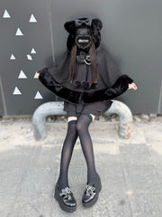 Jirai Kei Black Wool Plush Cape Coat with Kitty-Ears Hood - Fall/Winter Essential