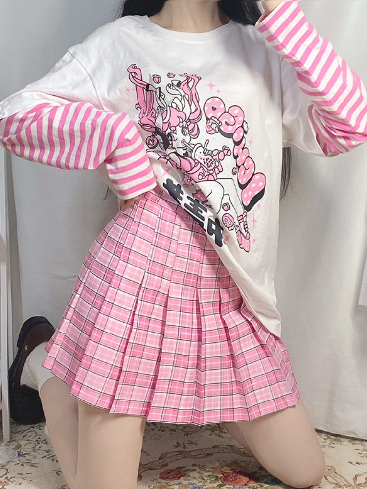 Pink Plaid Pleated Skirt