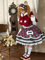Plush Neckline Red Plaid Winter Lolita Dress with Bear and Heart Appliques