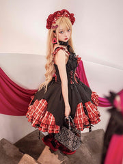 Black and Red Plaid Punk Dress Basque Waist Strappy Lolita Jumper Skirt