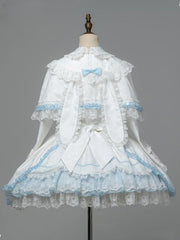 White & Blue Lace-Trimmed Sweet Lolita Dress with Petal-Edged Cuffs + Detachable Bunny Ears Cape Set
