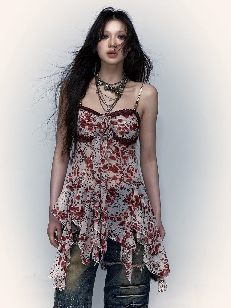 Red Floral Print Punk Y2K Slip Dress with Lace Trim and Handkerchief Hem