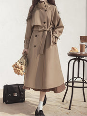 Khaki Elegant Long Windbreaker with Button Details on Notched Collar