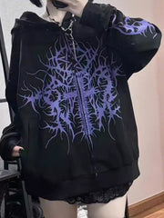 Gothic Black Zip-Up Hoodie with Purple Cross Print