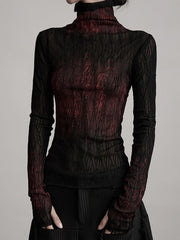 Urban Goth Black & Red Gradient Lace Knitted Long - Sleeve Top Long Version