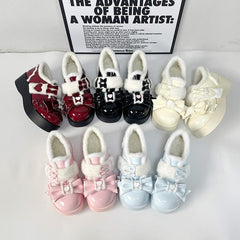 PU Leather with Heart Details, Bow Decor & Snug Fleece Lining Black Platform Shoes in Sweet Lolita