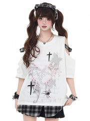 White Punk Graffiti T-shirt with Shoulder Cut-Outs & Plaid Inserts