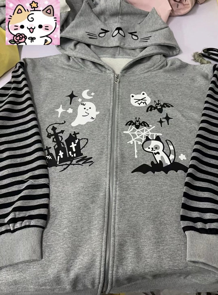 Halloween-Themed Print Alt-Culture Gray Zip-Up Jacket with Cat-Ear Hood