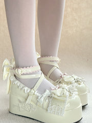 White Sweet Lolita Platforms in PU with Beadwork, Bow Details & Crossed Straps
