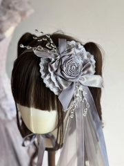 Wisteria Purple Classic Lolita Hairclip with Veil (Rose & Lace Details)