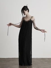 Urban Goth Black Lace Camisole Backless Dress with Sash Ties
