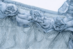 Puff Sleeves Blue Tie-dye Rosette Design Dress Tiered Skirt