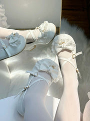 White Sweet Lolita 2.5cm Low-heel Mary Janes with Lace Trim & Bow Details