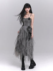 Gothic Gray Tulle Slip Dress with Rose Accents & Cascading Ruffles