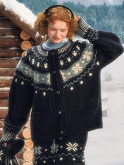 Navy Blue Knit Cardigan with Premium Fair Isle Wool Blend