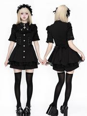 Jirai Kei All-Black Short Sleeve Dress Set with Detachable Bib Bow Tie, Corset Lace-Up Waist & Matching Shorts