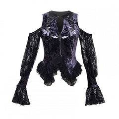 Gothic Velvet Embroidered Open Shoulder Top Double Layered Lace Hem