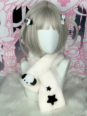 White & Black Cross Plush Scarf with Panda/Puppy Plushie