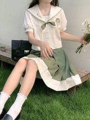 Pleating Details Beige Sailor Collar Short Sleeves Top