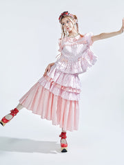 Pink Floral and Bowknot Print Skirt with Lace Trim