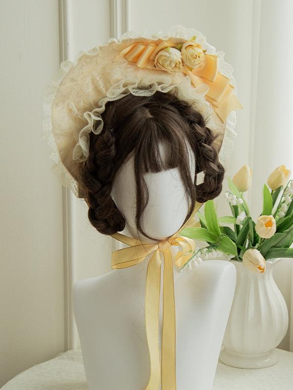 Yellow Floral Bowknot Decorated Lace Trim Bonnet