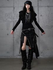 Black Gothic Punk PU Skirt with Handkerchief Hem & Metal Embellishments