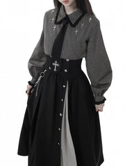 Dark Gothic Oversized Shirt | Black & Gray Stripe Faux Two-Piece with Cross Details & Lace Collar and Cuffs