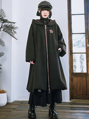 Black Gothic Hooded Coat - Floral Print with Bubble Hem & Zipper Front