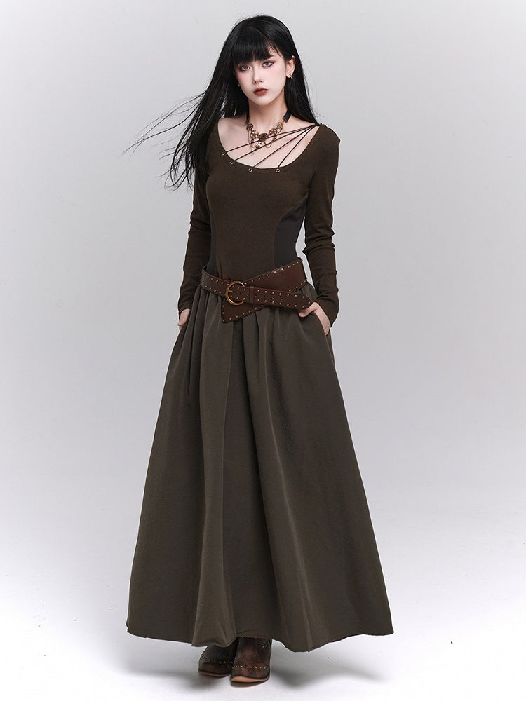Vintage Coffee A-Line Maxi Dress with Metallic Eyelets & Side Pockets