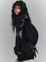 Black Punk Y2K Streetwear Fall/Winter Jacket with Faux Fur Collar & Red Studded Straps