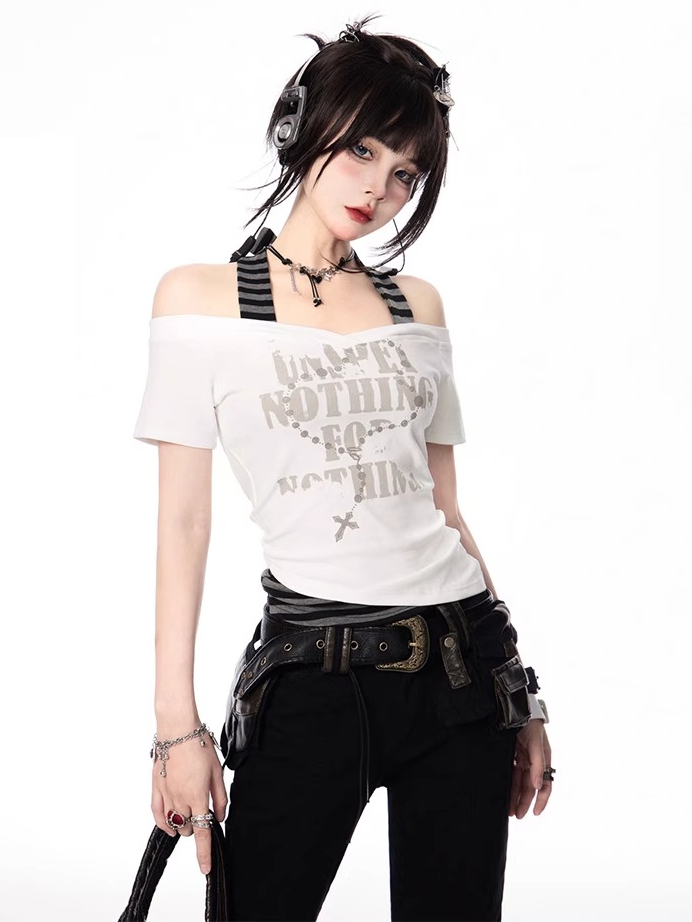 Y2K Cross Necklace Print White and Gray Striped Halter Neck T-shirt