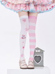 White & Pink Stripes Strawberry and Bunny Print Over Knee Stockings