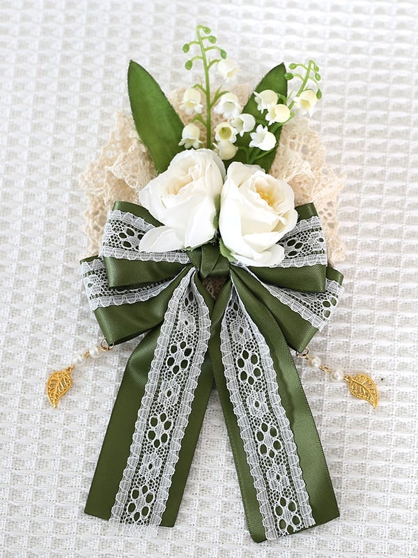 Vintage Lily Of The Valley Bowknot Lace Hairclip With Leaf Charms