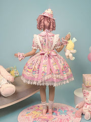 Pink & White Bunny and Cupcake Print Peter Pan Collar Maid Lolita Dress