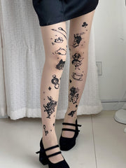 Nude Alice In Wonderland Vibes Tights With Clock And Bunny Print
