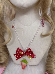 Red Strawberry and Polka-dot Bow Pendant Beaded Necklace