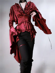 Wine Red Vampire Ouji Long Sleeves Cascading Ruffle Tail Shirt