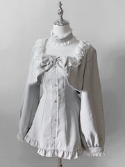 Jirai Kei Gray Long Sleeve Full Set : Lace-Trimmed Square Neck Top & Shorts with Detachable Bow Tie and Choker