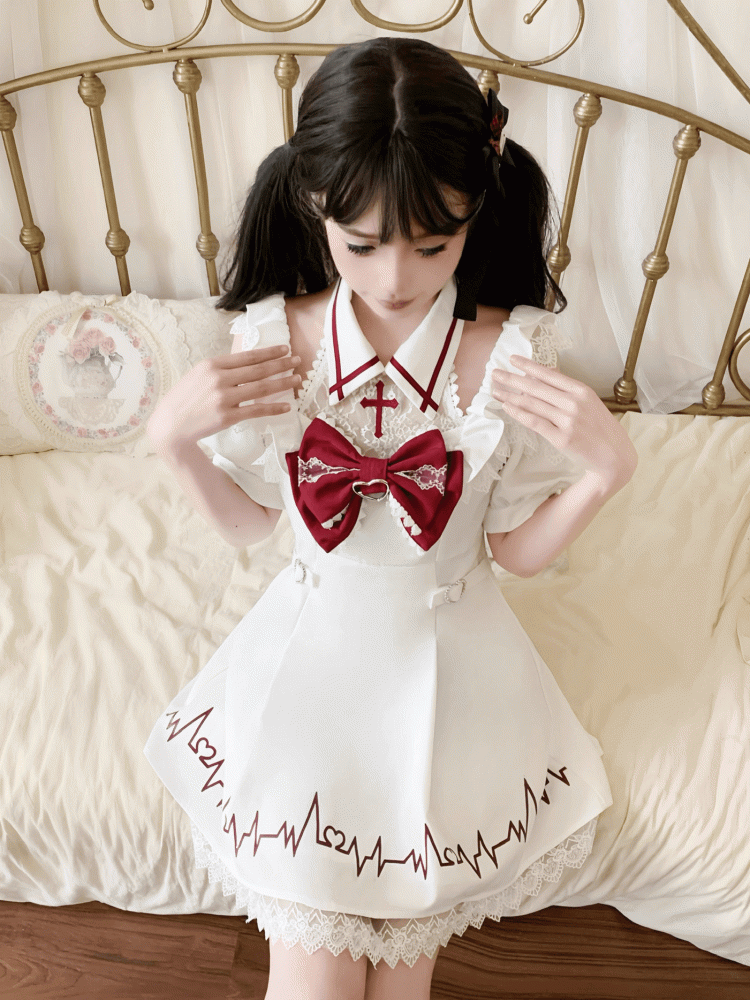 Yami Kawaii Red Cross Embroidered White Lace Halter Dress with Cutout Shoulders and Heartbeat Print Skirt