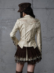 Tailored Cropped Punk Khaki Yellow Jacket with Rose Embroidery & Buckle Belt