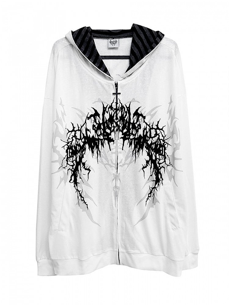 Black/White Lightweight Gothic Striped-Lined Hoodie with Dark Fantasy Print
