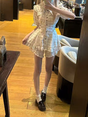 White Plaid Illusion Set: Jirai Kei Dress & Shorts with Lace Panels and Buckle Strap Waist
