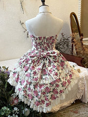 Chic Pink Rosette Hi-lo Strapless Top with Bubble Skirt Set Fairycore Floral Princess Dress