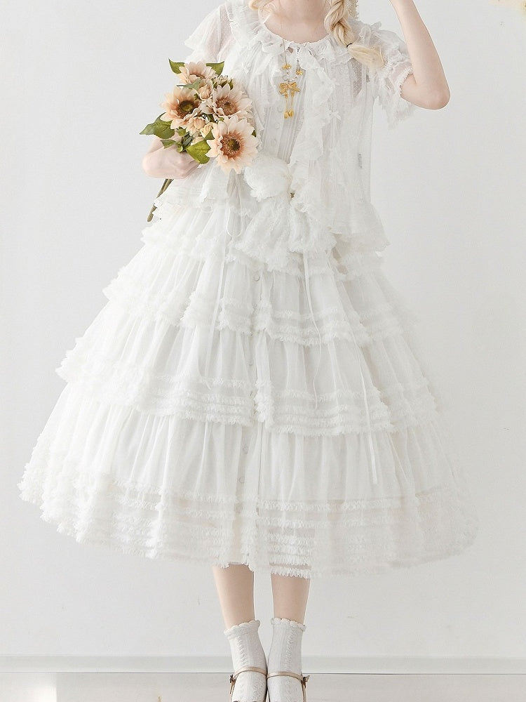 White Sleeveless Layered Ruffle Elegant Lolita Dress with Waist Belt