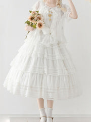 White Sleeveless Layered Ruffle Elegant Lolita Dress with Waist Belt
