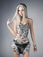 Y3K Fashion Futuristic Silver Grey Butterfly Chain Sequins Decorated Fishbone Strapless Cyberpunk  Top