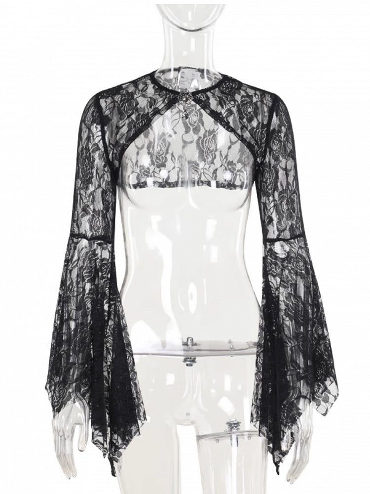 Halloween Gothic Black Batwing Bell Sleeve Lace Shrug with Gem Centerpiece & Floral Embroidery