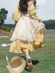 Yellow Plaid Bishop Sleeves One Piece High Waist Sweet Lolita Dress