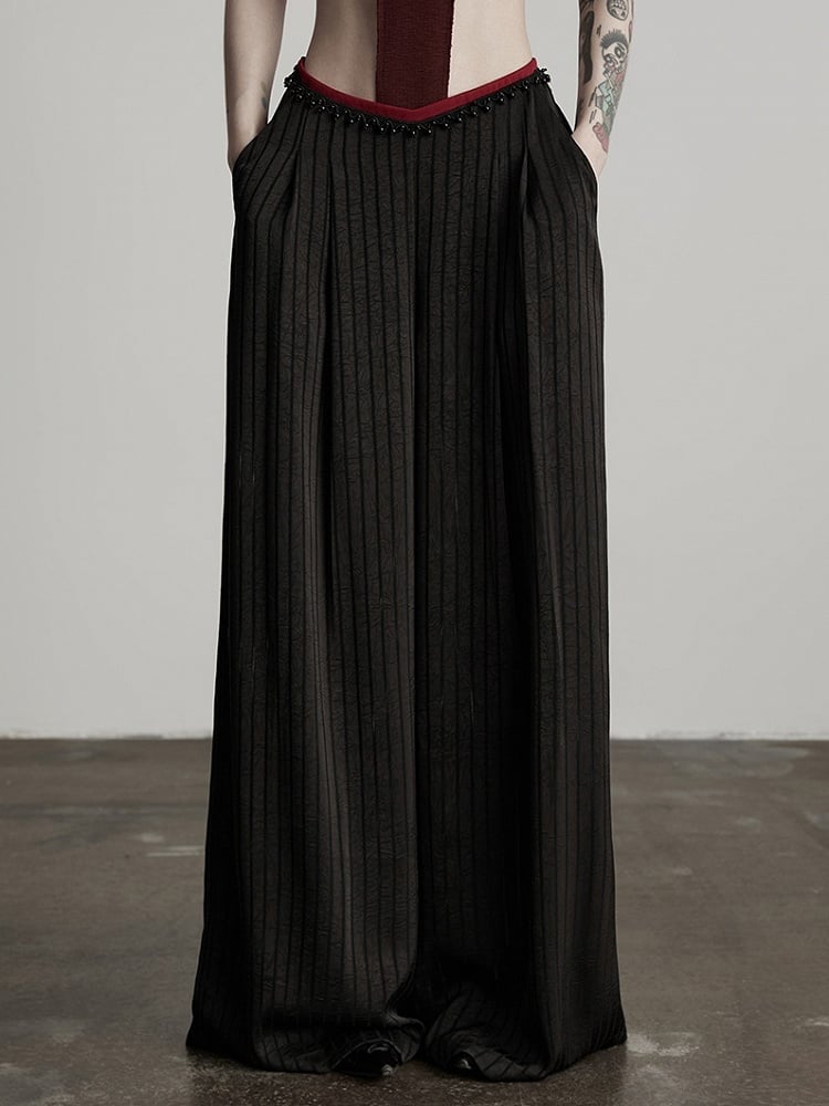 Urban Goth Black Vertical-Stripe Wide-Leg Pants with Waist Beaded Embellishment